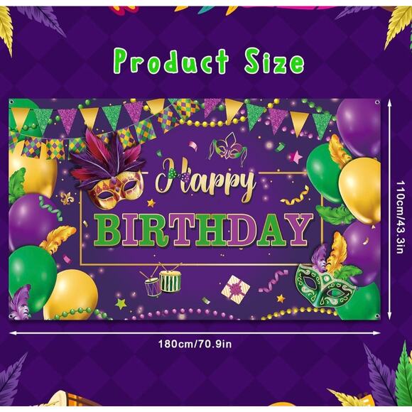 Mardi Gras Themed Happy Birthday Backdrop – Purple & Gold Party Decoration - Picture 2 of 3